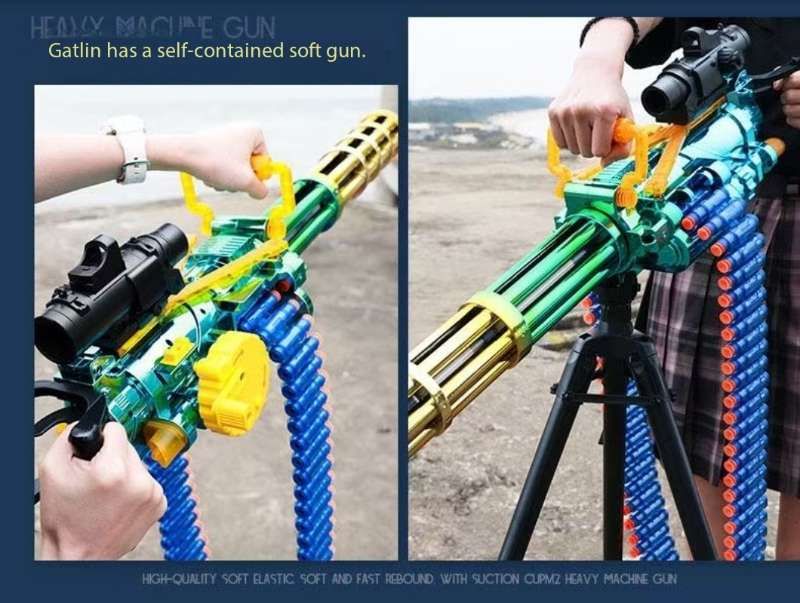Gatling Toy Launcher Battery Operated 30 Soft EVA Cartridges 15m Long Range Projection Friendly Handle Single or Continuous Launch Periscope Aiming Blaster