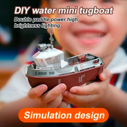 Strong Little Tugboat RC controlled 12cm Long Twin Propeller Built in Lithium Battery Water Induction Switch Feature Multi cruise speed Simulated Lights Tough Collision Hull