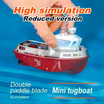 Strong Little Tugboat RC controlled 12cm Long Twin Propeller Built in Lithium Battery Water Induction Switch Feature Multi cruise speed Simulated Lights Tough Collision Hull