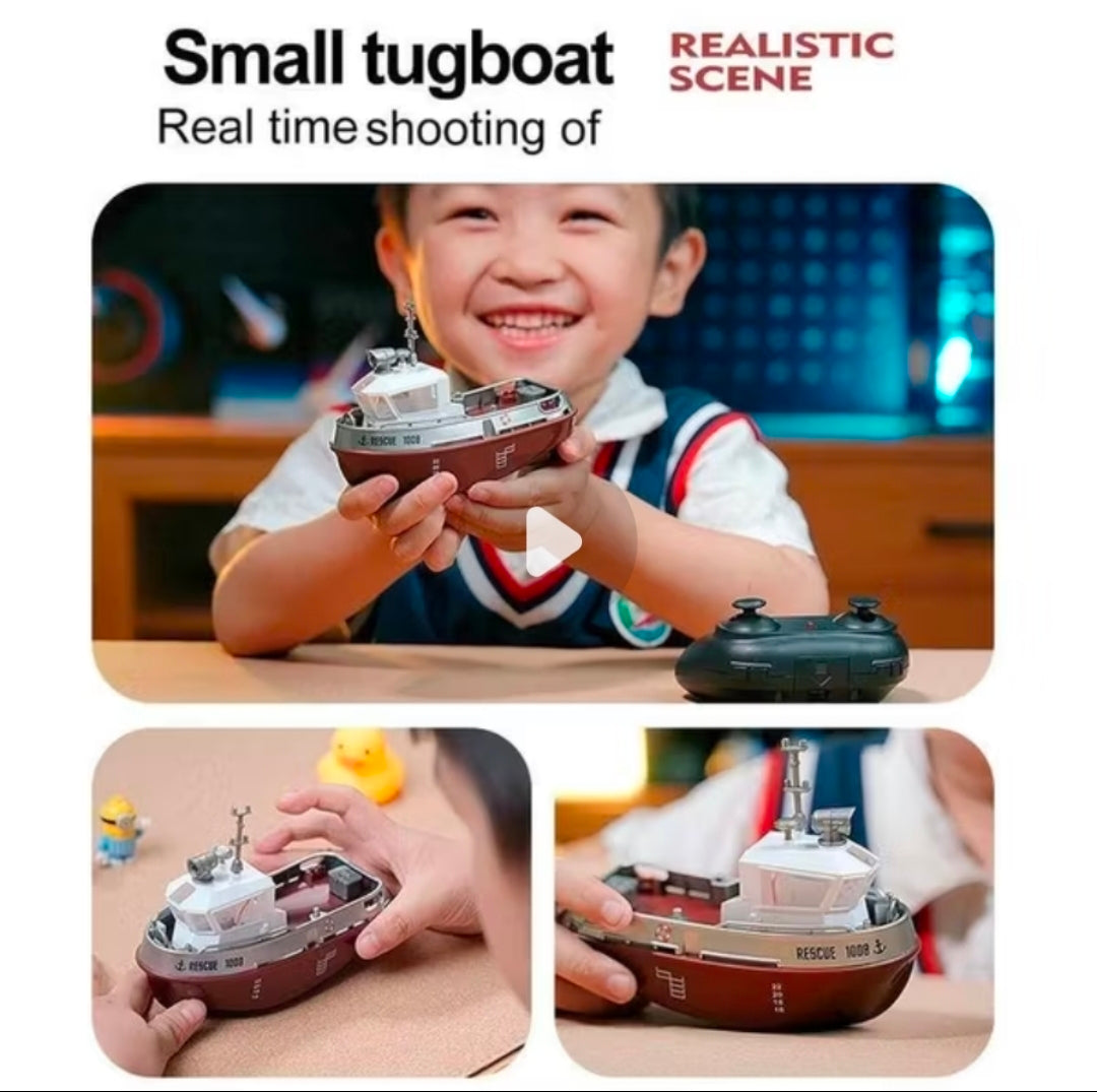 Strong Little Tugboat RC controlled 12cm Long Twin Propeller Built in Lithium Battery Water Induction Switch Feature Multi cruise speed Simulated Lights Tough Collision Hull