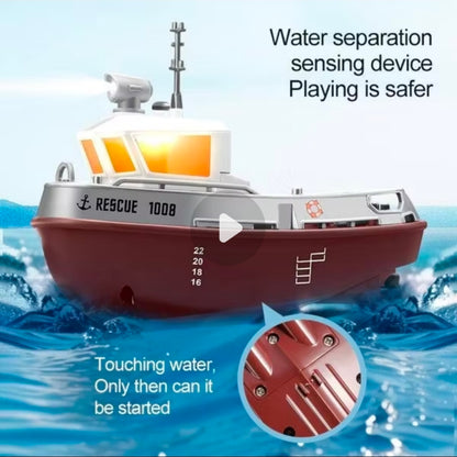 Strong Little Tugboat RC controlled 12cm Long Twin Propeller Built in Lithium Battery Water Induction Switch Feature Multi cruise speed Simulated Lights Tough Collision Hull