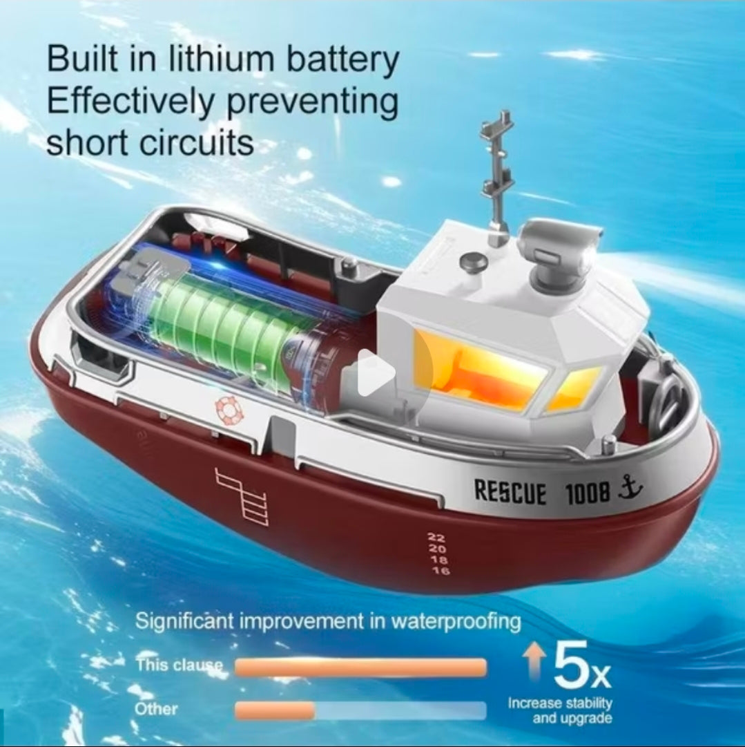 Strong Little Tugboat RC controlled 12cm Long Twin Propeller Built in Lithium Battery Water Induction Switch Feature Multi cruise speed Simulated Lights Tough Collision Hull