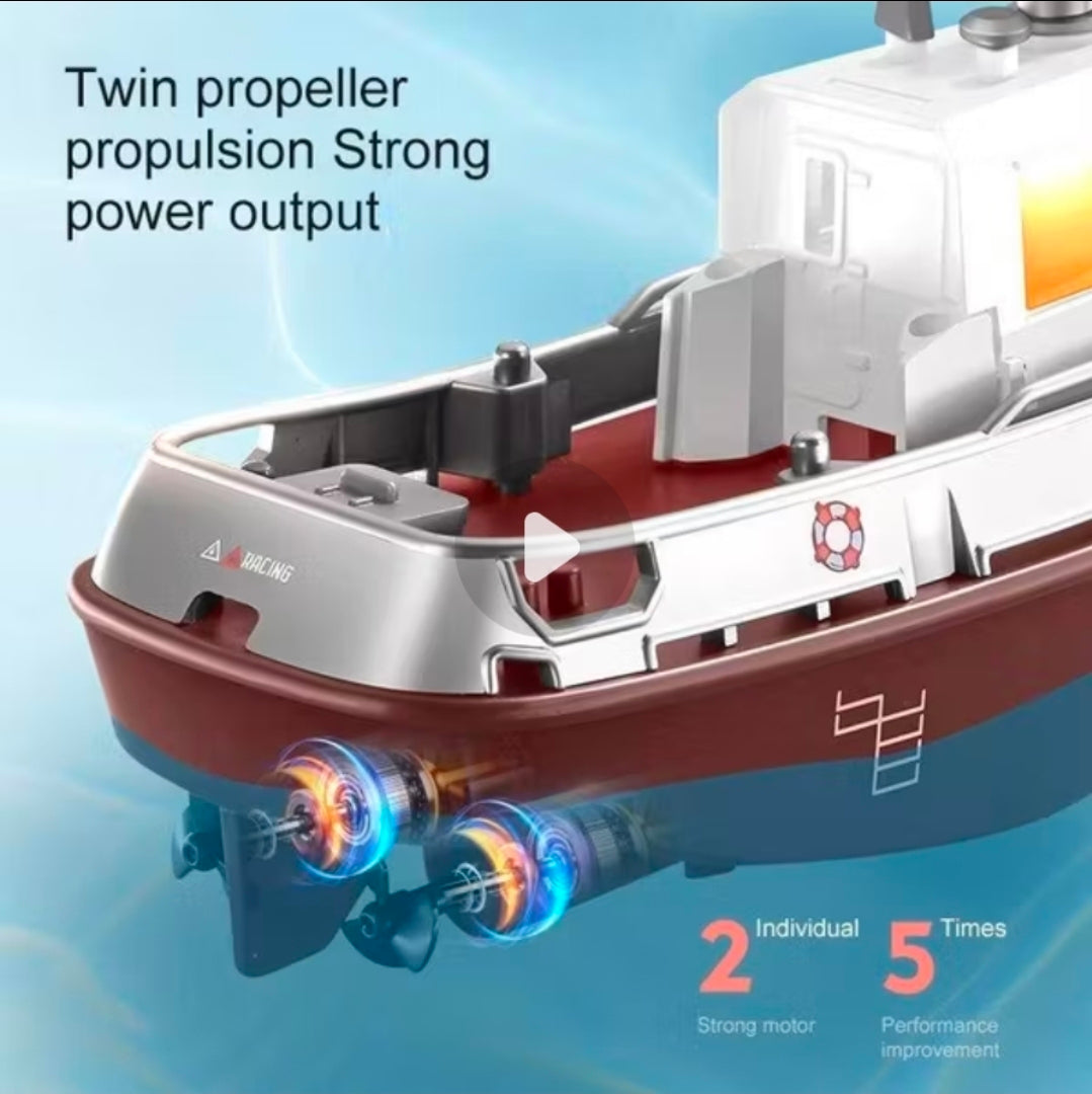Strong Little Tugboat RC controlled 12cm Long Twin Propeller Built in Lithium Battery Water Induction Switch Feature Multi cruise speed Simulated Lights Tough Collision Hull
