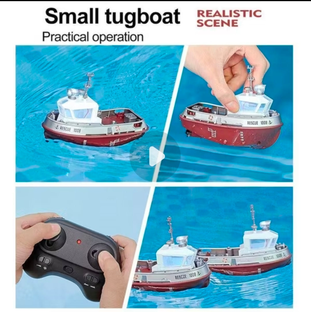 Strong Little Tugboat RC controlled 12cm Long Twin Propeller Built in Lithium Battery Water Induction Switch Feature Multi cruise speed Simulated Lights Tough Collision Hull