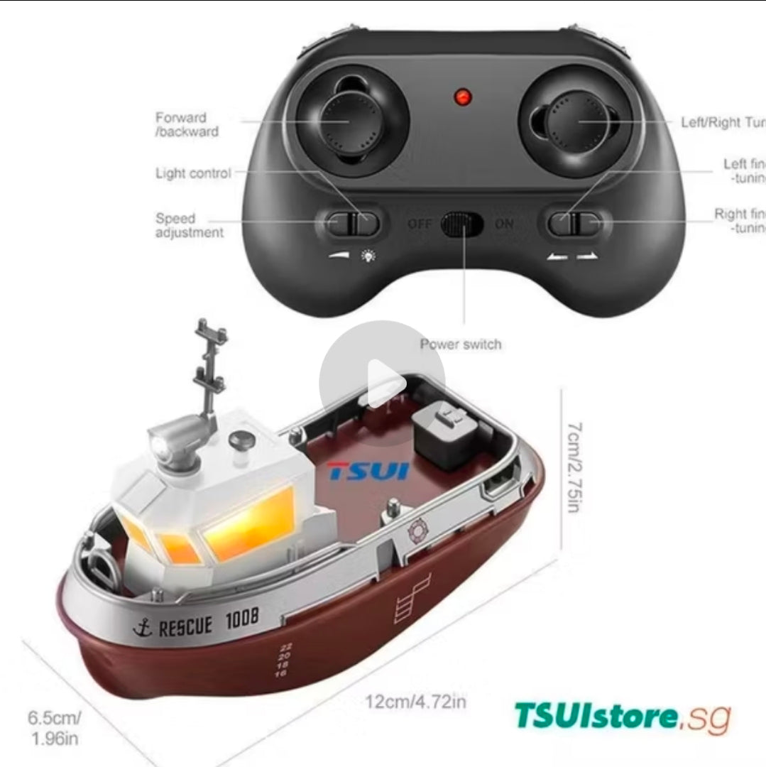 Strong Little Tugboat RC controlled 12cm Long Twin Propeller Built in Lithium Battery Water Induction Switch Feature Multi cruise speed Simulated Lights Tough Collision Hull