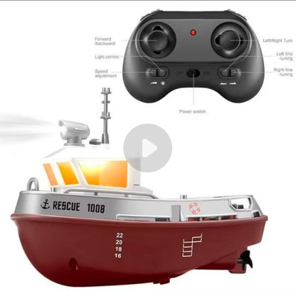 Strong Little Tugboat RC controlled 12cm Long Twin Propeller Built in Lithium Battery Water Induction Switch Feature Multi cruise speed Simulated Lights Tough Collision Hull