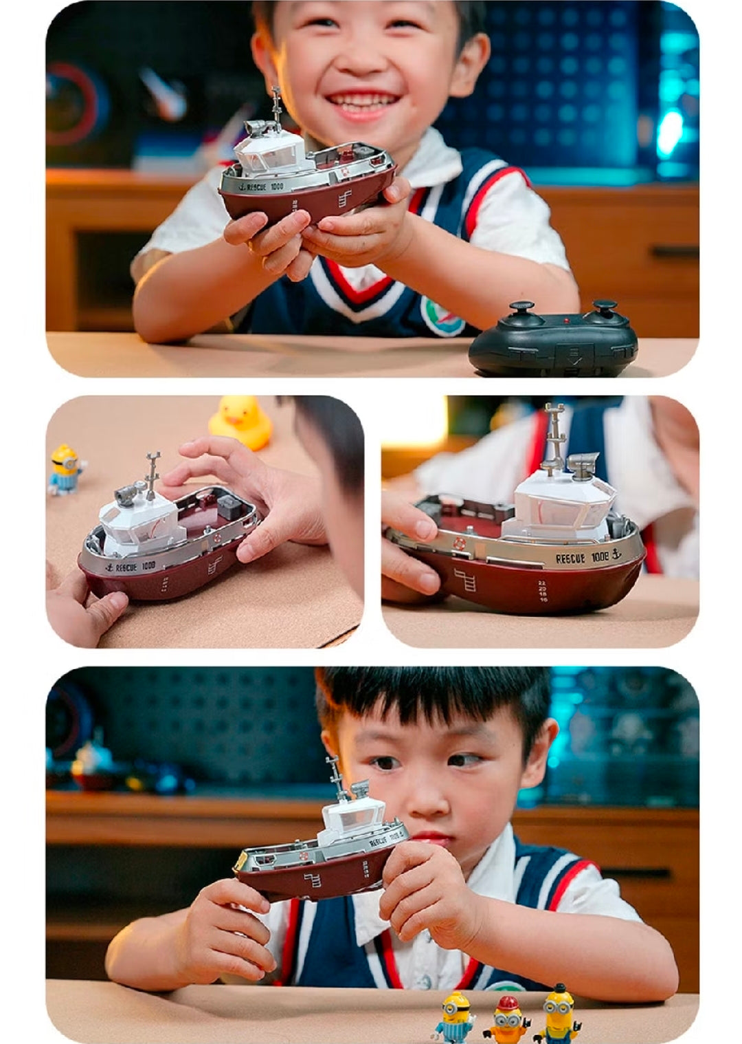 Strong Little Tugboat RC controlled 12cm Long Twin Propeller Built in Lithium Battery Water Induction Switch Feature Multi cruise speed Simulated Lights Tough Collision Hull