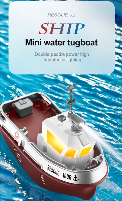 Strong Little Tugboat RC controlled 12cm Long Twin Propeller Built in Lithium Battery Water Induction Switch Feature Multi cruise speed Simulated Lights Tough Collision Hull