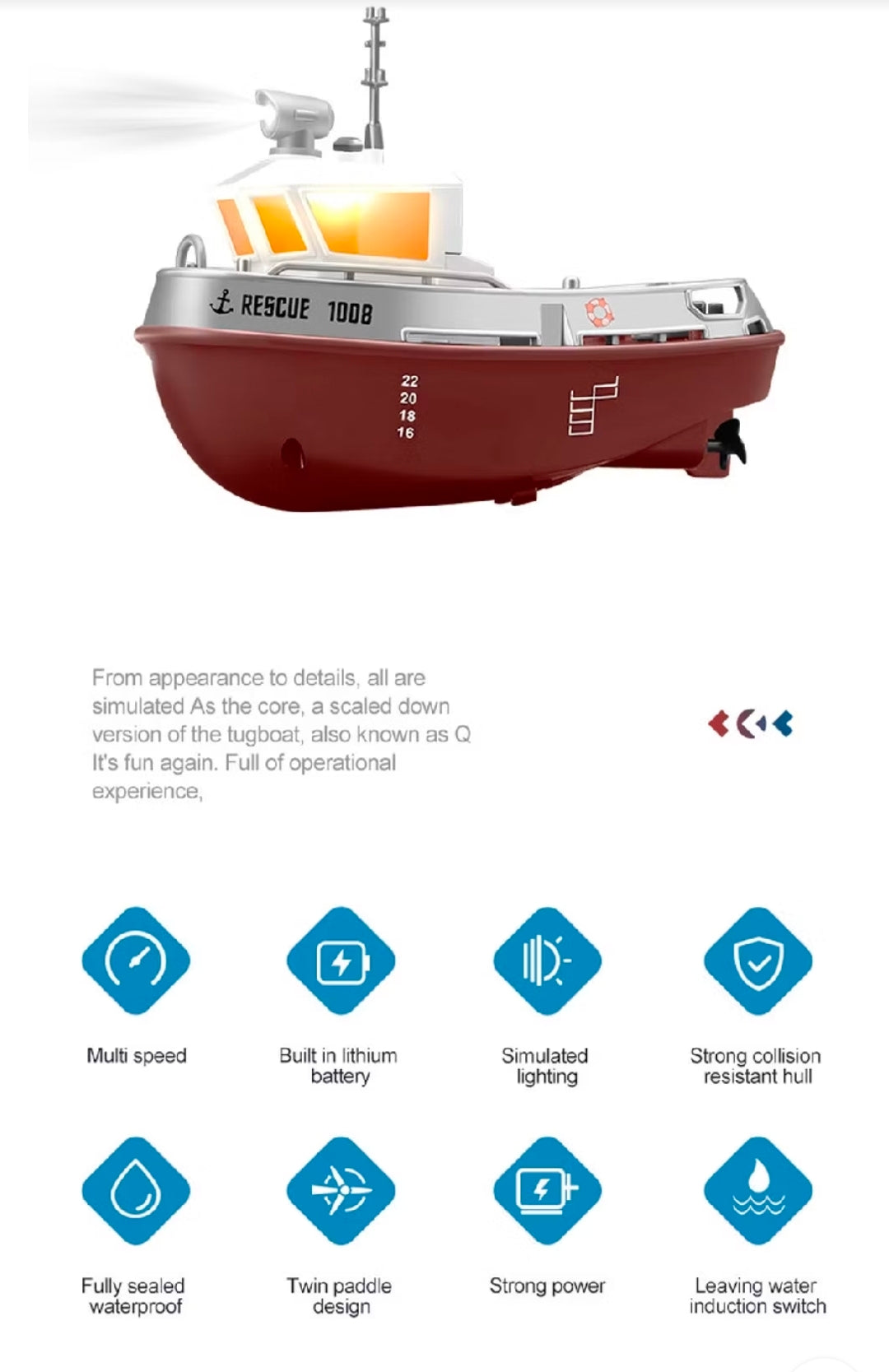 Strong Little Tugboat RC controlled 12cm Long Twin Propeller Built in Lithium Battery Water Induction Switch Feature Multi cruise speed Simulated Lights Tough Collision Hull