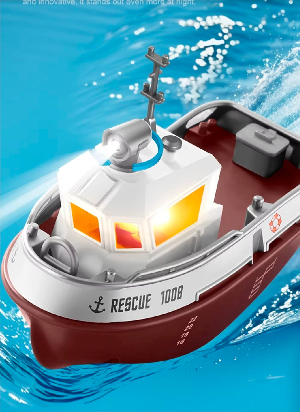 Strong Little Tugboat RC controlled 12cm Long Twin Propeller Built in Lithium Battery Water Induction Switch Feature Multi cruise speed Simulated Lights Tough Collision Hull