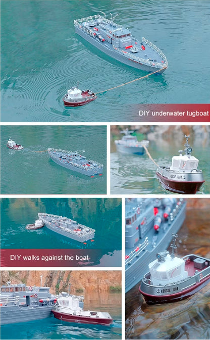Strong Little Tugboat RC controlled 12cm Long Twin Propeller Built in Lithium Battery Water Induction Switch Feature Multi cruise speed Simulated Lights Tough Collision Hull