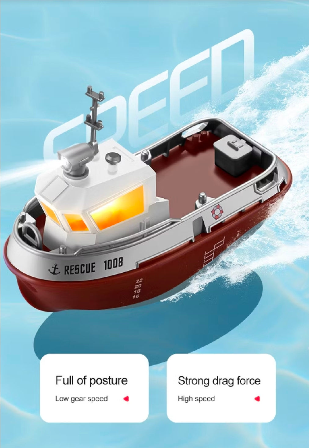 Strong Little Tugboat RC controlled 12cm Long Twin Propeller Built in Lithium Battery Water Induction Switch Feature Multi cruise speed Simulated Lights Tough Collision Hull