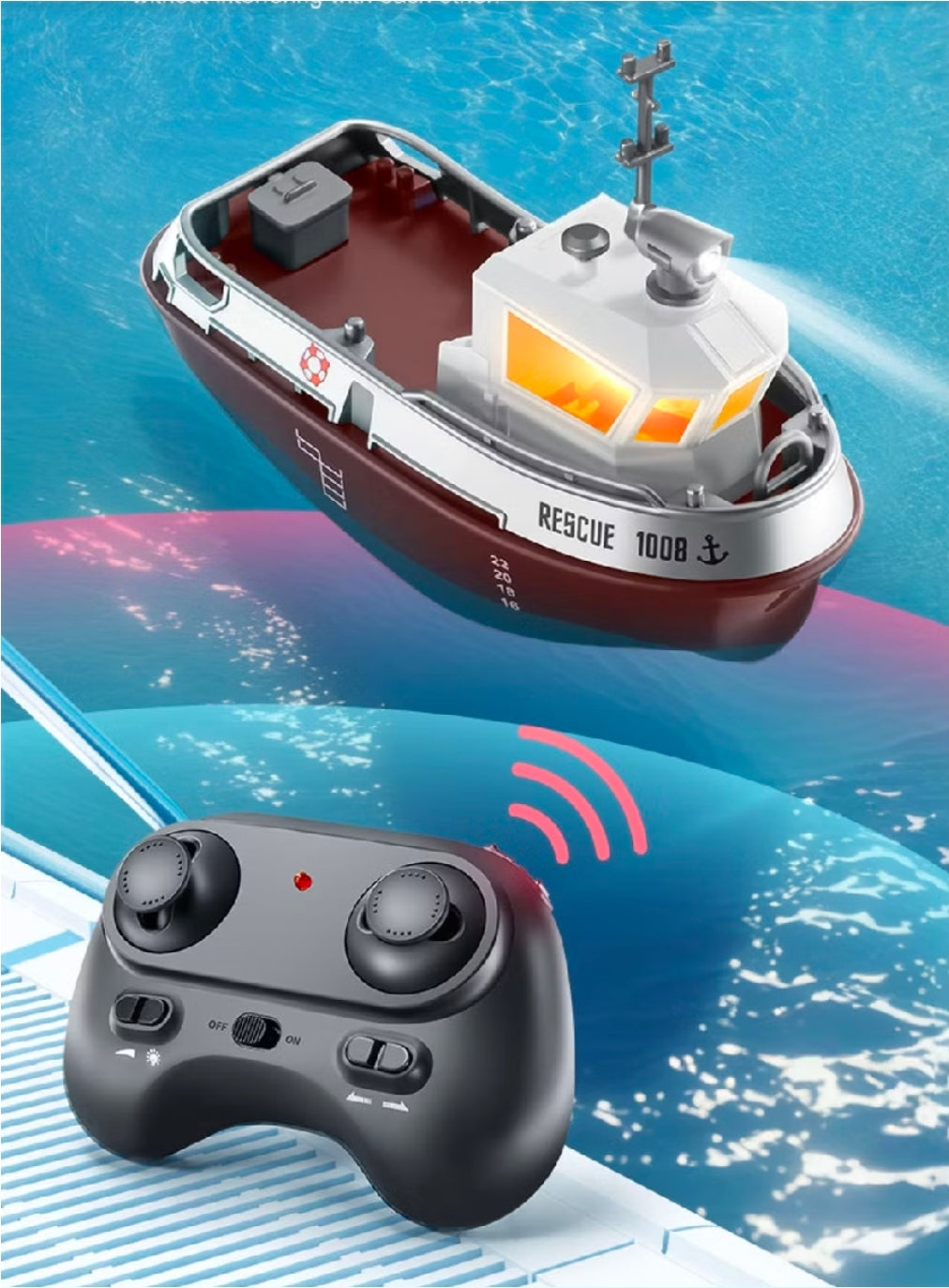 Strong Little Tugboat RC controlled 12cm Long Twin Propeller Built in Lithium Battery Water Induction Switch Feature Multi cruise speed Simulated Lights Tough Collision Hull