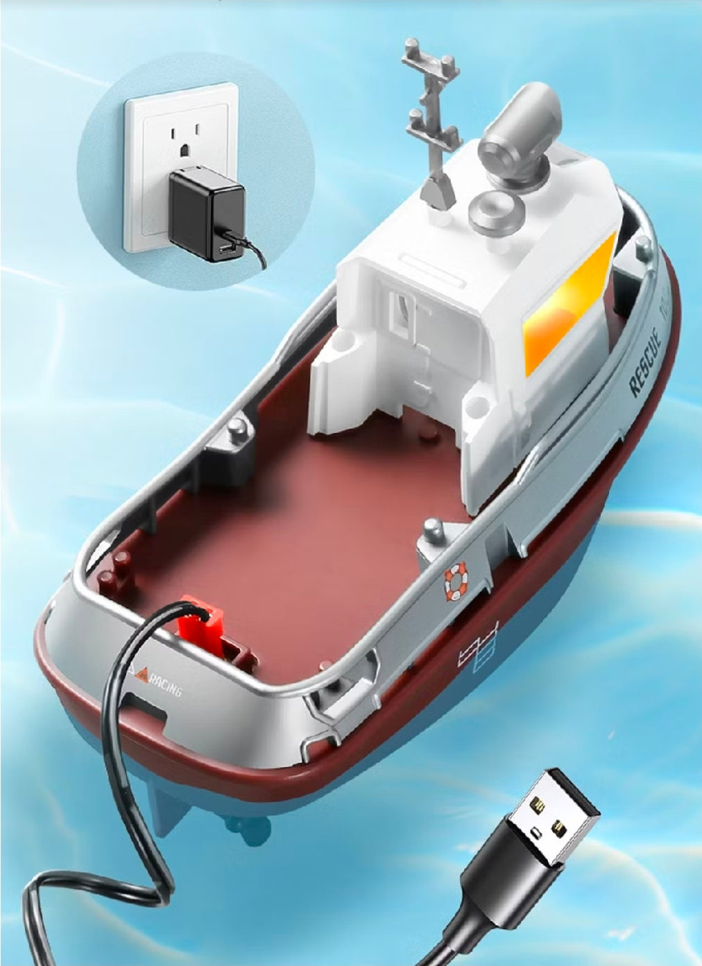 Strong Little Tugboat RC controlled 12cm Long Twin Propeller Built in Lithium Battery Water Induction Switch Feature Multi cruise speed Simulated Lights Tough Collision Hull