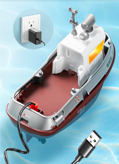 Strong Little Tugboat RC controlled 12cm Long Twin Propeller Built in Lithium Battery Water Induction Switch Feature Multi cruise speed Simulated Lights Tough Collision Hull