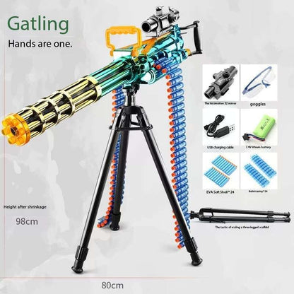Gatling Toy Launcher Battery Operated 30 Soft EVA Cartridges 15m Long Range Projection Friendly Handle Single or Continuous Launch Periscope Aiming Blaster