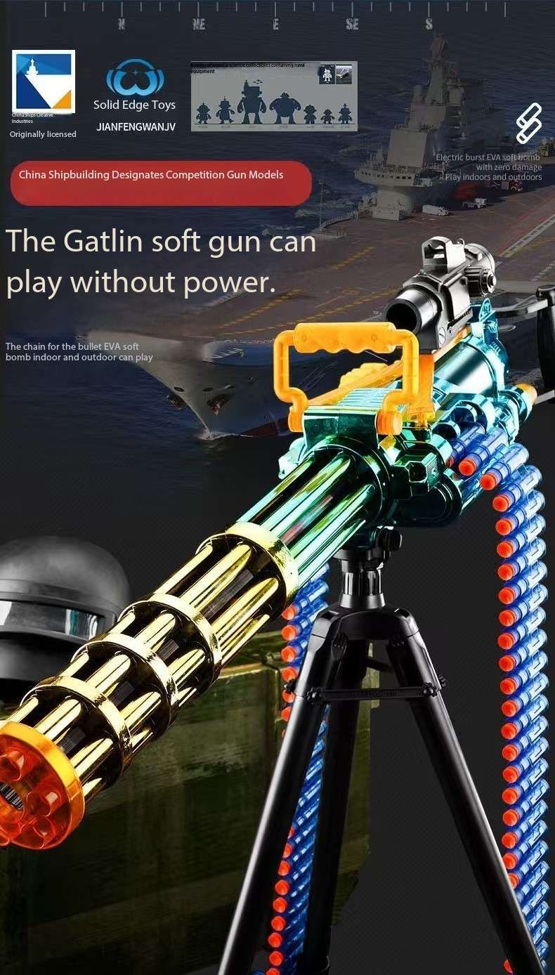 Gatling Toy Launcher Battery Operated 30 Soft EVA Cartridges 15m Long Range Projection Friendly Handle Single or Continuous Launch Periscope Aiming Blaster