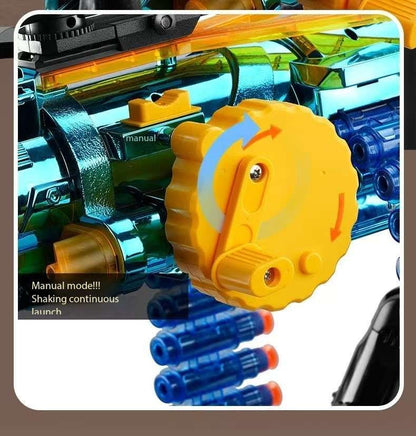 Gatling Toy Launcher Battery Operated 30 Soft EVA Cartridges 15m Long Range Projection Friendly Handle Single or Continuous Launch Periscope Aiming Blaster