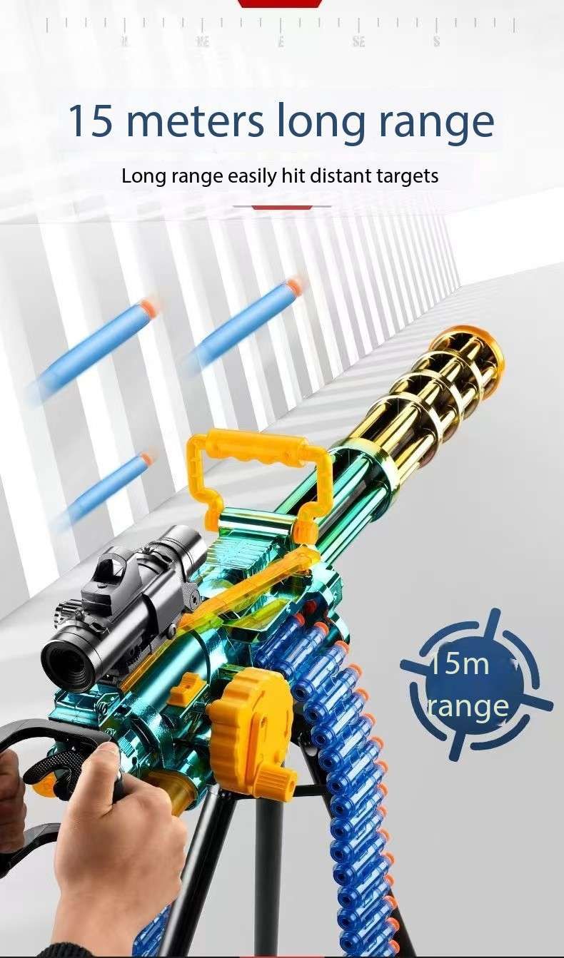 Gatling Toy Launcher Battery Operated 30 Soft EVA Cartridges 15m Long Range Projection Friendly Handle Single or Continuous Launch Periscope Aiming Blaster