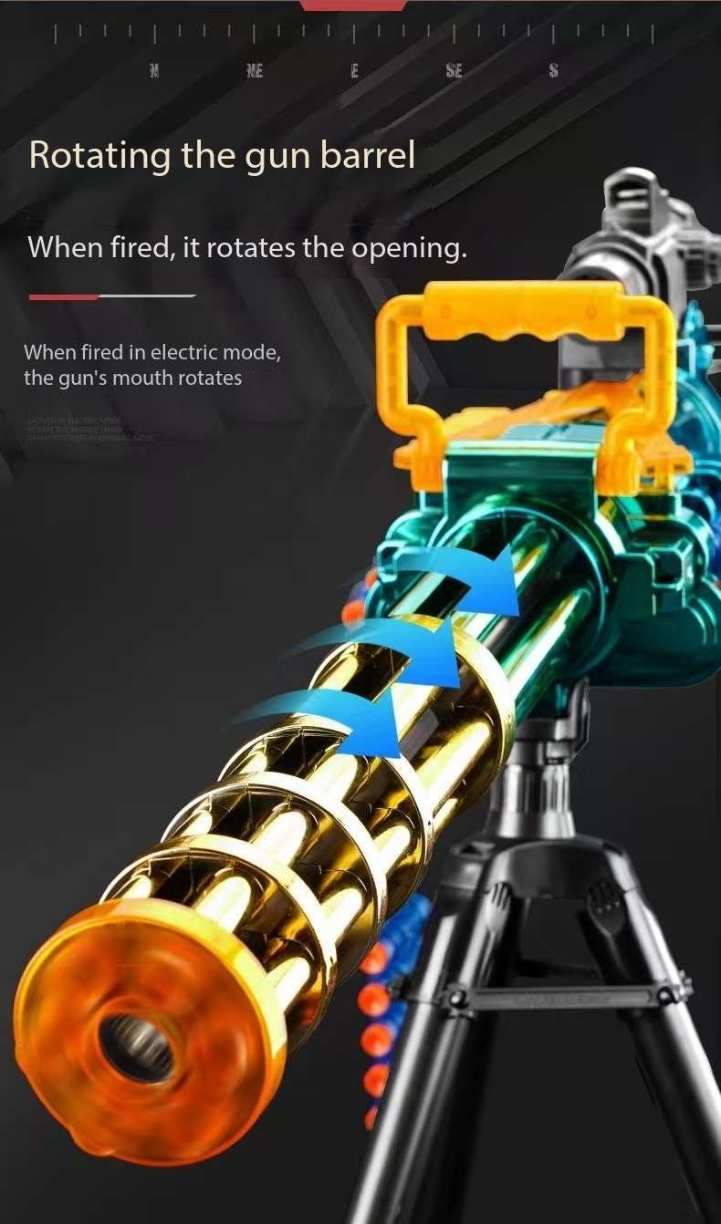 Gatling Toy Launcher Battery Operated 30 Soft EVA Cartridges 15m Long Range Projection Friendly Handle Single or Continuous Launch Periscope Aiming Blaster