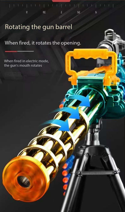 Gatling Toy Launcher Battery Operated 30 Soft EVA Cartridges 15m Long Range Projection Friendly Handle Single or Continuous Launch Periscope Aiming Blaster