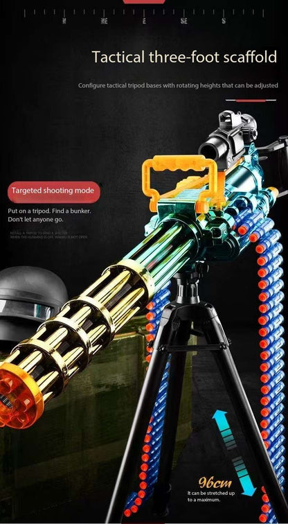 Gatling Toy Launcher Battery Operated 30 Soft EVA Cartridges 15m Long Range Projection Friendly Handle Single or Continuous Launch Periscope Aiming Blaster
