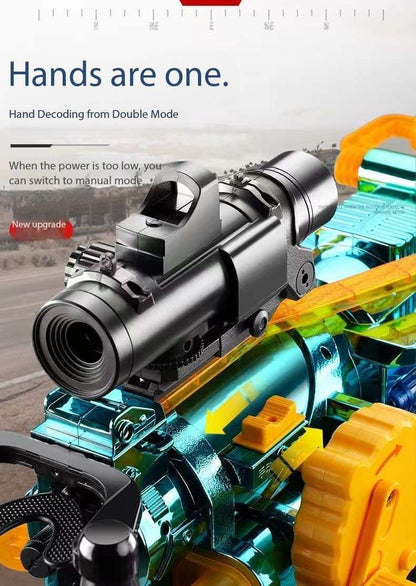 Gatling Toy Launcher Battery Operated 30 Soft EVA Cartridges 15m Long Range Projection Friendly Handle Single or Continuous Launch Periscope Aiming Blaster