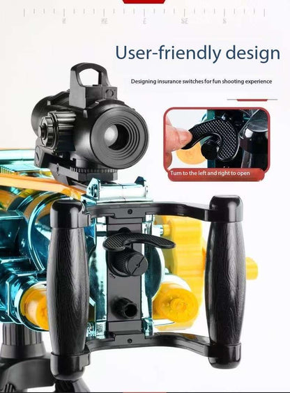 Gatling Toy Launcher Battery Operated 30 Soft EVA Cartridges 15m Long Range Projection Friendly Handle Single or Continuous Launch Periscope Aiming Blaster