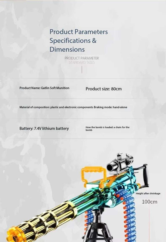 Gatling Toy Launcher Battery Operated 30 Soft EVA Cartridges 15m Long Range Projection Friendly Handle Single or Continuous Launch Periscope Aiming Blaster