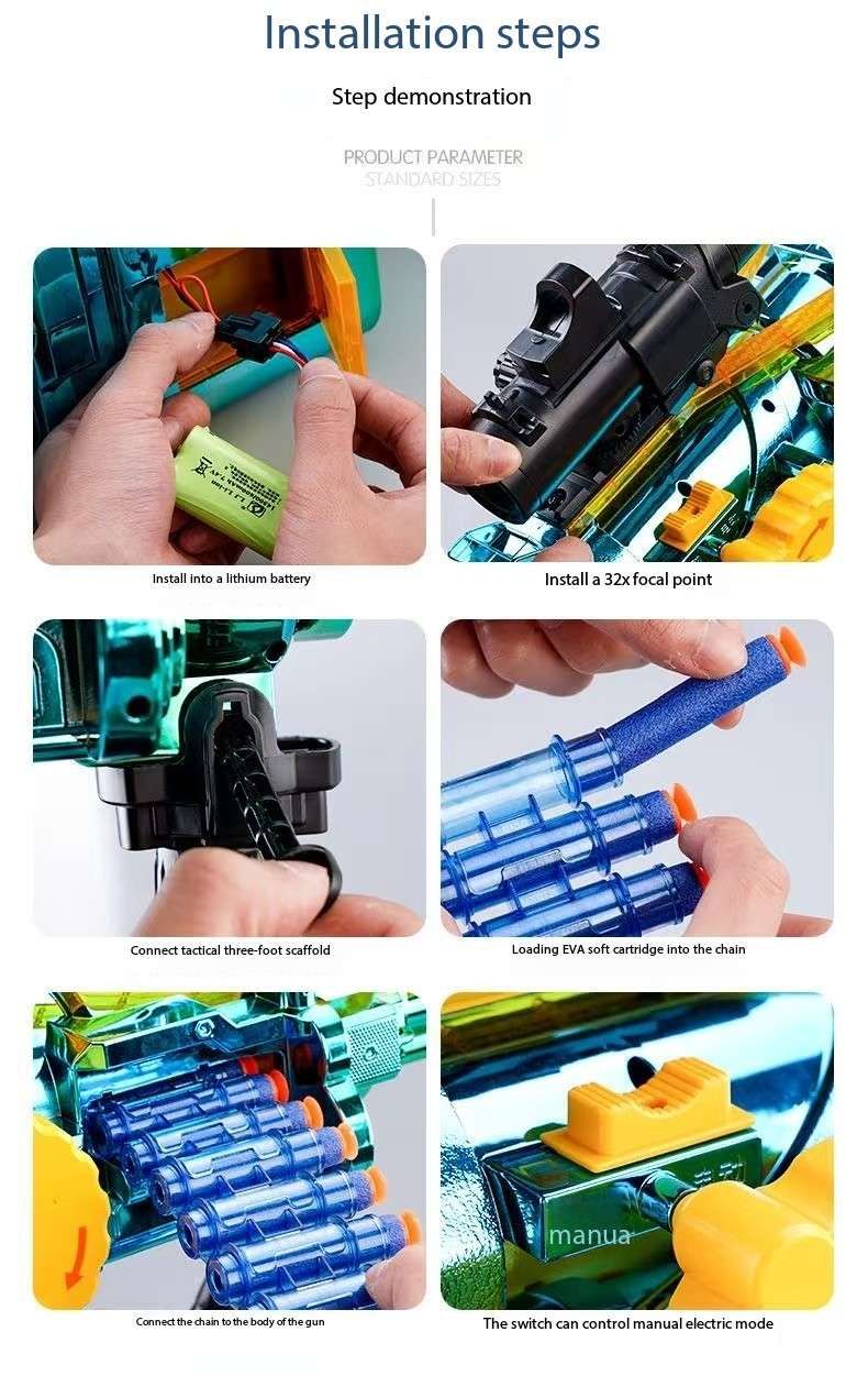 Gatling Toy Launcher Battery Operated 30 Soft EVA Cartridges 15m Long Range Projection Friendly Handle Single or Continuous Launch Periscope Aiming Blaster