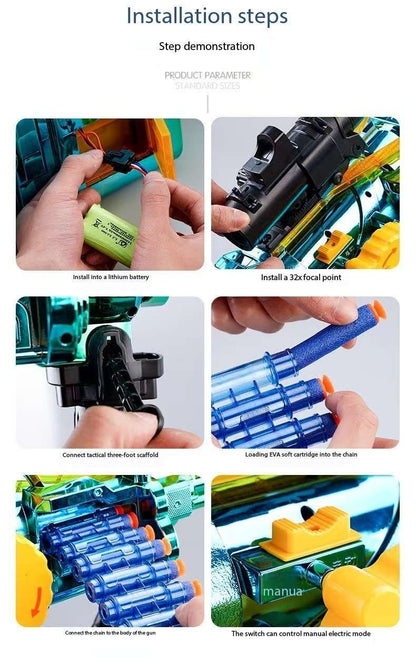 Gatling Toy Launcher Battery Operated 30 Soft EVA Cartridges 15m Long Range Projection Friendly Handle Single or Continuous Launch Periscope Aiming Blaster