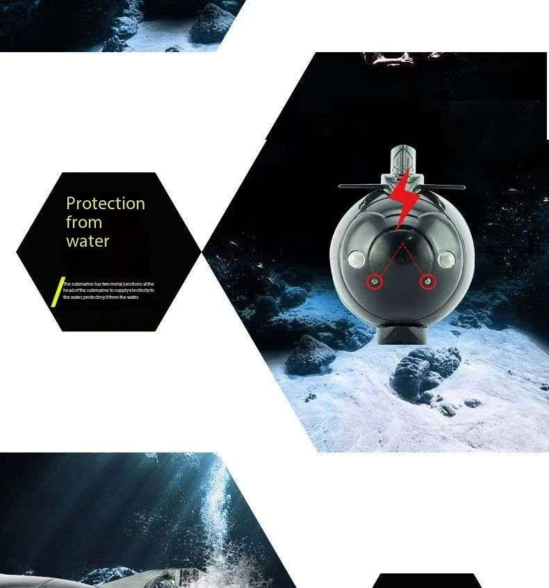 Mini Submarine RC controlled 12cm Long Twin Propeller Built in Lithium Battery Water Induction Switch Feature Submerge and Emerge water capabilities