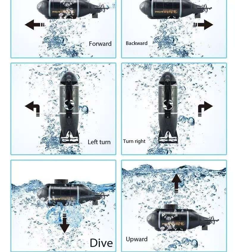 Mini Submarine RC controlled 12cm Long Twin Propeller Built in Lithium Battery Water Induction Switch Feature Submerge and Emerge water capabilities
