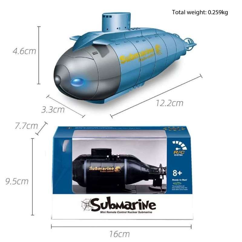 Mini Submarine RC controlled 12cm Long Twin Propeller Built in Lithium Battery Water Induction Switch Feature Submerge and Emerge water capabilities
