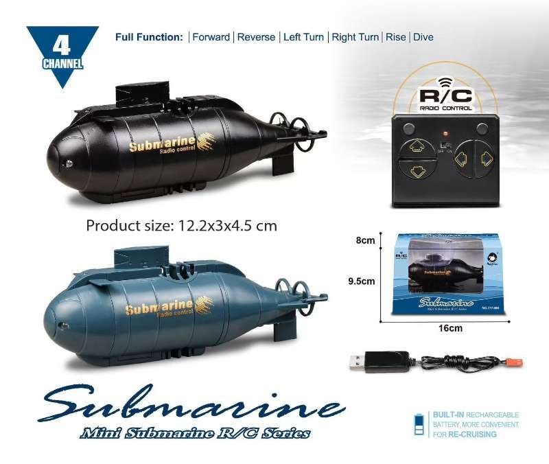 Mini Submarine RC controlled 12cm Long Twin Propeller Built in Lithium Battery Water Induction Switch Feature Submerge and Emerge water capabilities