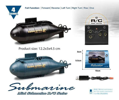 Mini Submarine RC controlled 12cm Long Twin Propeller Built in Lithium Battery Water Induction Switch Feature Submerge and Emerge water capabilities