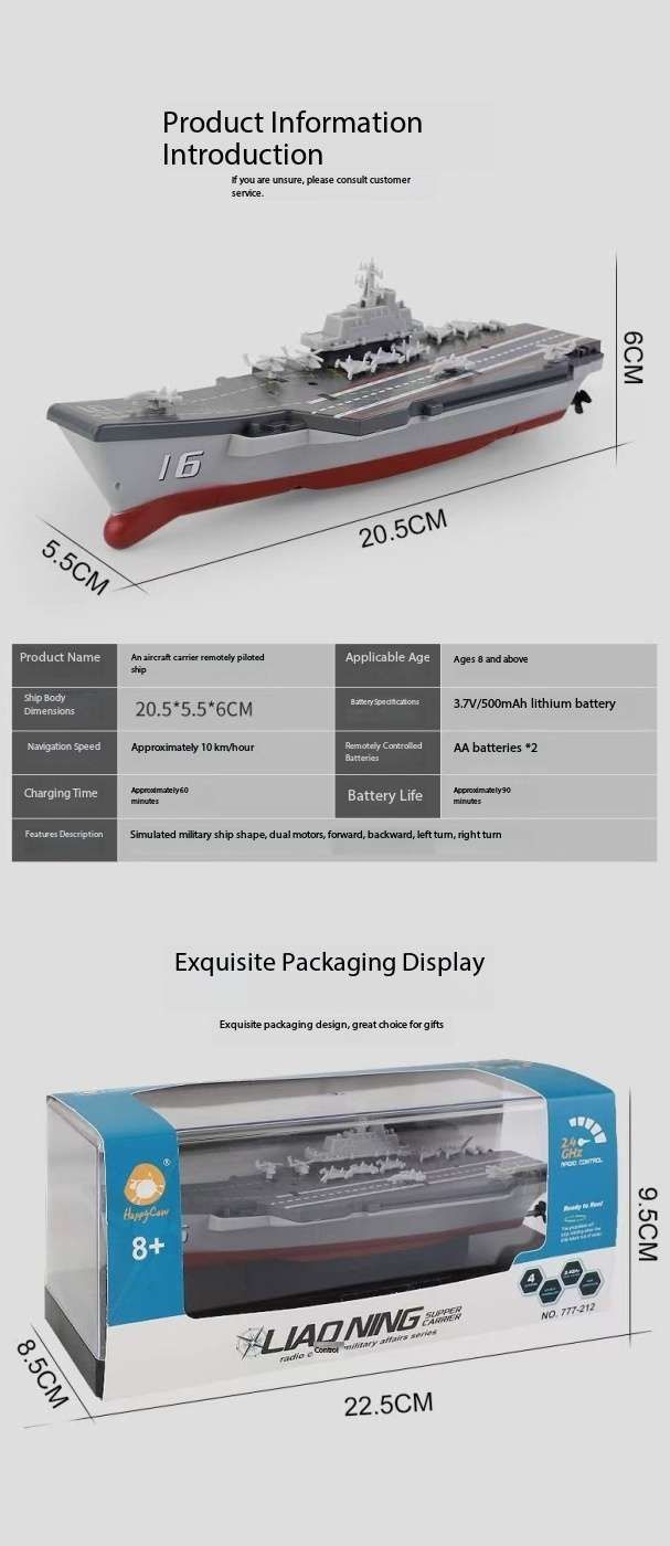 Mini Liao Ning Aircraft Carrier RC controlled 21 cm Long Twin Propeller Built in Lithium Battery Water Induction Switch Feature