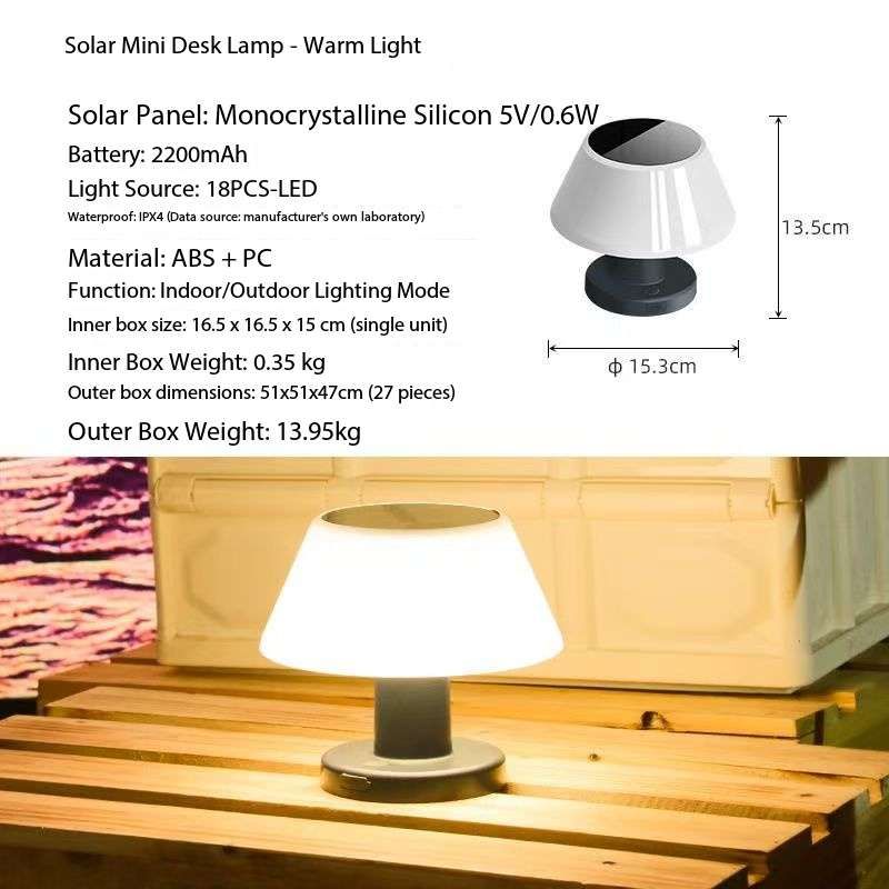 Solar Mini Desk Lamp for Indoor & Outdoor Use Weatherproof Rain or Shine