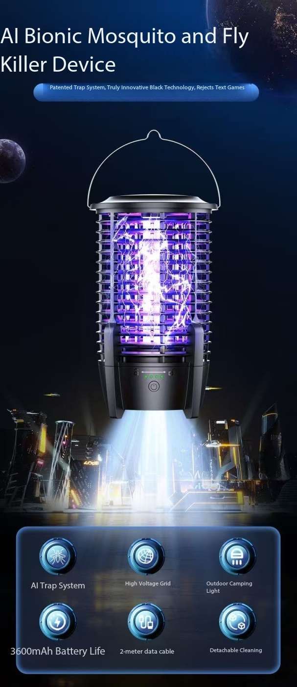 New 2026 Wireless Outdoor Starship AI Bionic Electrical Mosquitoes & Flies Trap 5V1A 2KV 3600mAh battery Fusion with Camping Light